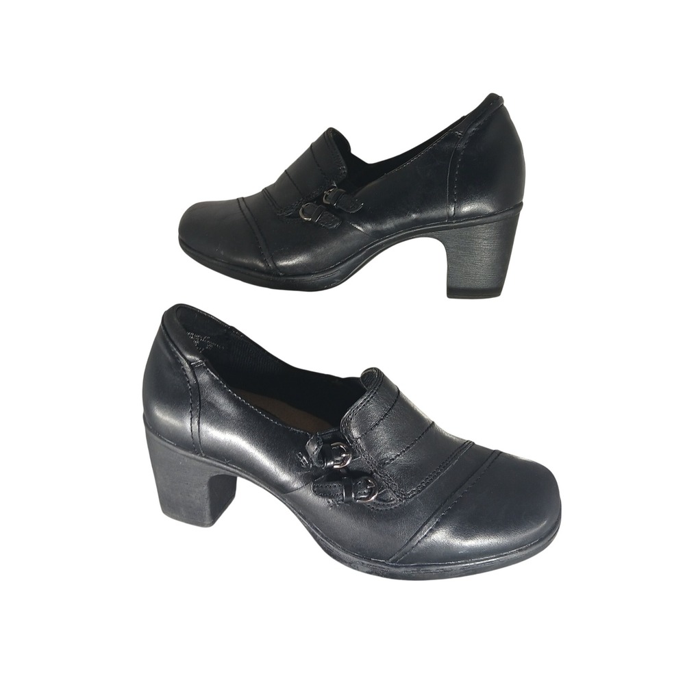Thom McAn Flossie Black Leather Buckle Block Heel Loafer Shoes Womens US 7W